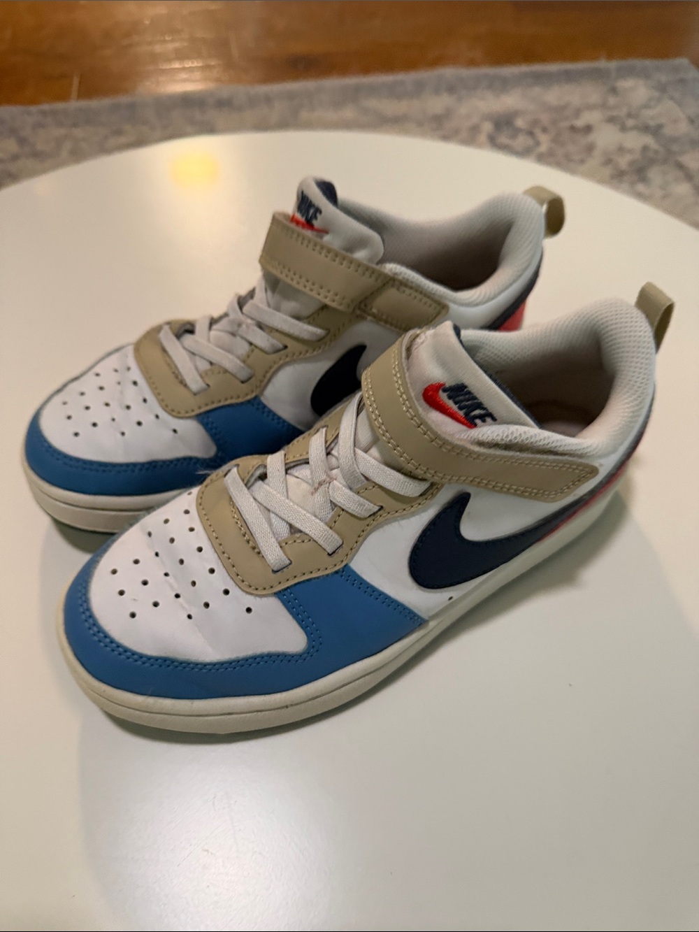 Nike Kids Low-Top Sneakers in White, Blue & Tan with Navy Swoosh